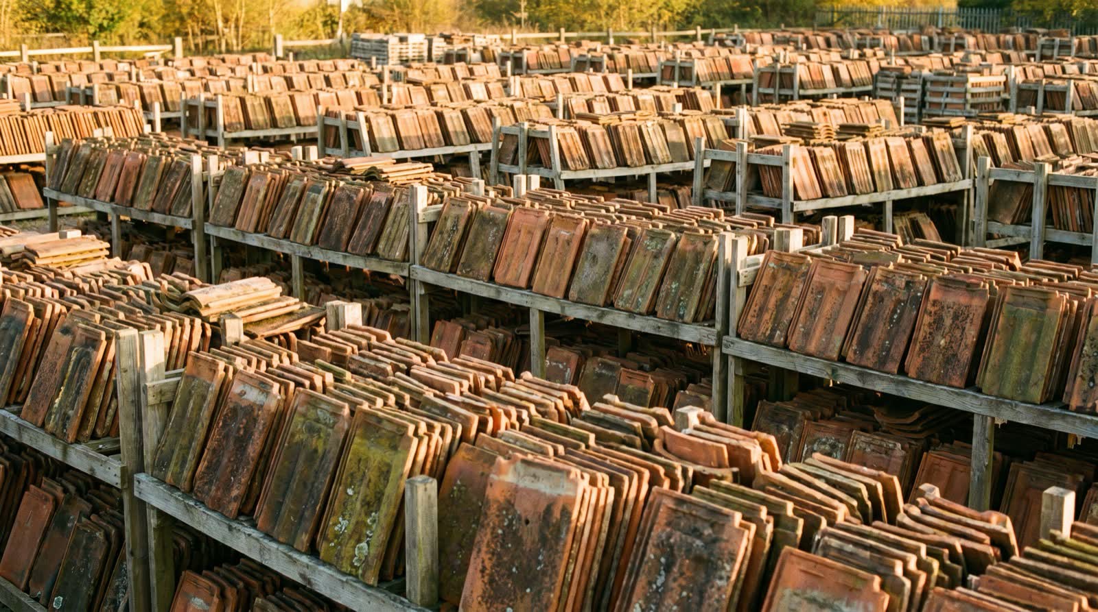 Racks of weathered reclaimed clay roof tiles in a salvage boneyard