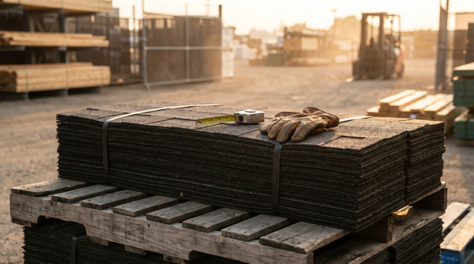 Bundles of asphalt shingles on a pallet with a tape measure and work gloves at a roofing supply yard