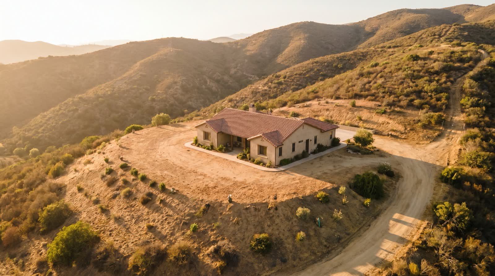 A hillside home with a tile roof surrounded by dry Southern California brush