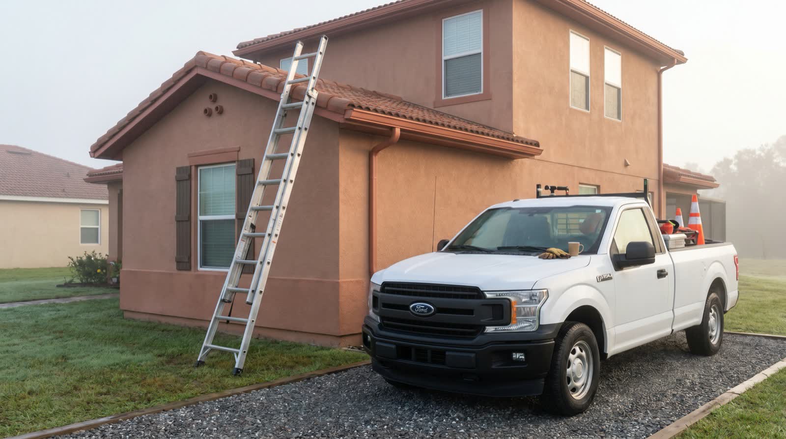 A ladder against a roof eave beside a work truck in the early morning