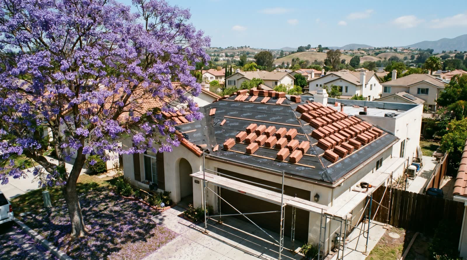 A roof installation in spring with jacaranda trees in bloom