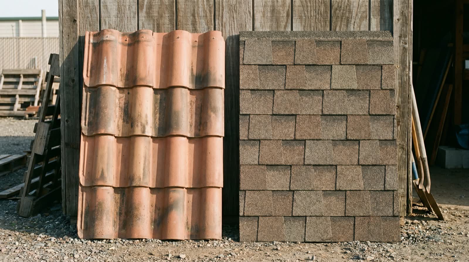 Clay tile and asphalt shingle samples side by side for comparison