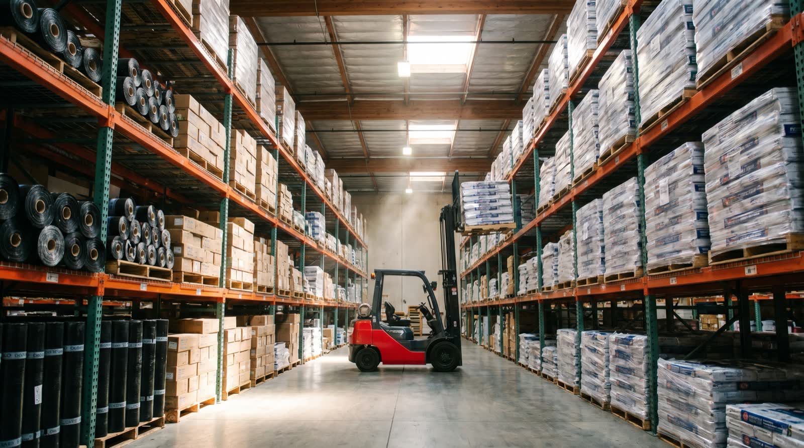 A forklift moving roofing material through stocked warehouse racks